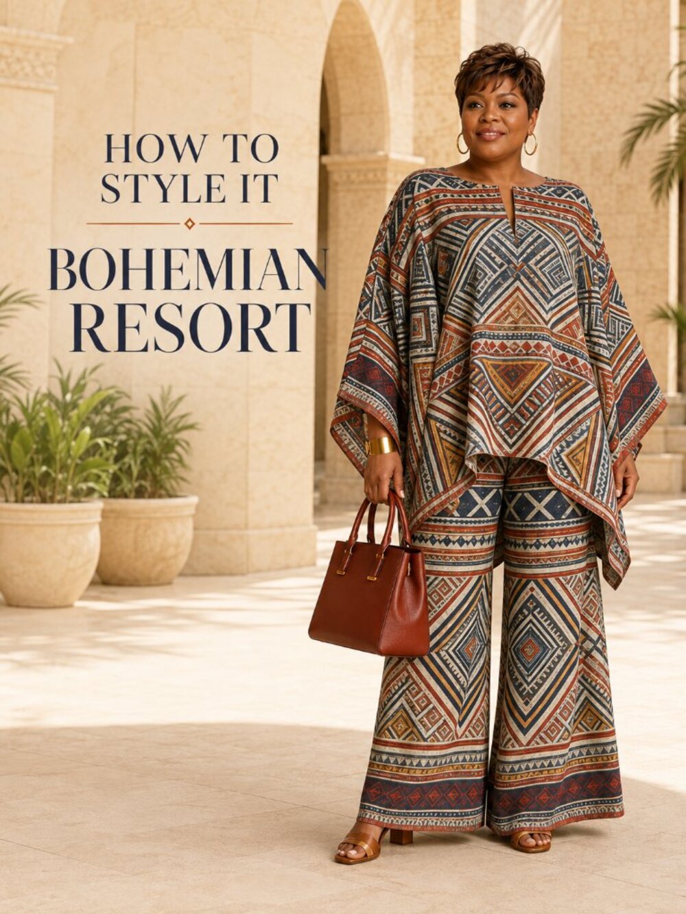 Boho Geometric Poncho Top Wide-Leg Pants 2-Piece Set XXL